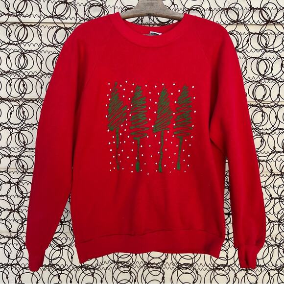 Vintage Red Ugly Christmas Art Deco Christmas tree sweatshirt Jerzees size Large - Picture 1 of 6